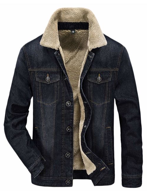 HOW'ON Men's Plus Cotton Warm Fur Collar Sherpa Lined Denim Jacket Button Down Classy Casual Quilted Jeans Coats Outwear