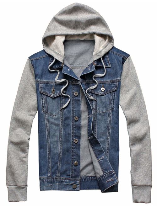 Lentta Men's Slim Fit Zip Up Removable Hooded Drawstring Denim Jean Biker Jacket