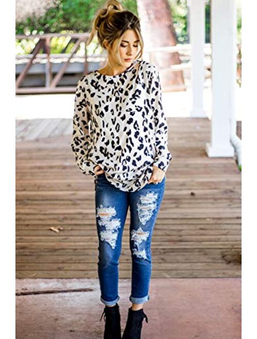 Tickled Teal Women's Long Sleeve Leopard Knit Casual Loose Sweater Outerwear