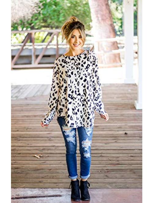 Tickled Teal Women's Long Sleeve Leopard Knit Casual Loose Sweater Outerwear