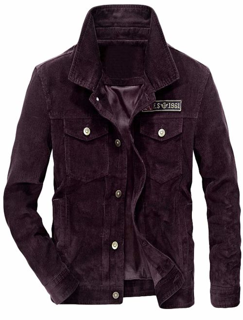 Lavnis Men's Corduroy Trucker Jacket Casual Stand Collar Button Down Fleece Denim Jacket