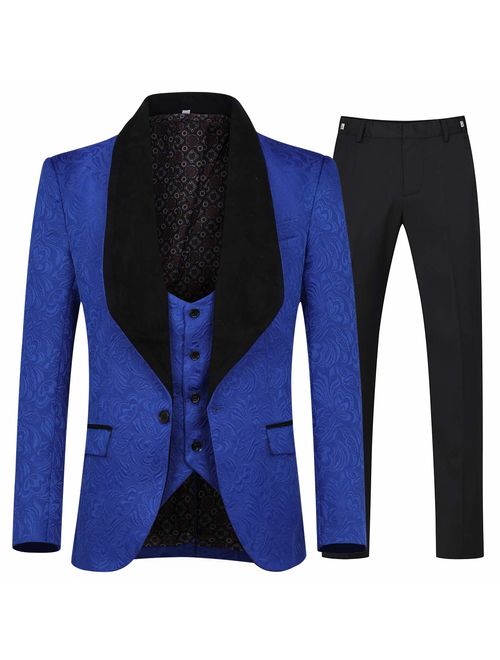 YFFUSHI Men's 3 Piece Suit Slim Fit Jacquard Tuxedo One Button Shawl Collar Jacket Vest & Trousers