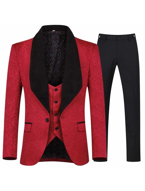 YFFUSHI Men's 3 Piece Suit Slim Fit Jacquard Tuxedo One Button Shawl Collar Jacket Vest & Trousers