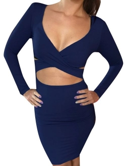 Memorose Womens Sexy Long Sleeve Cut-Out Bandage Bodycon Clubwear Midi Dress