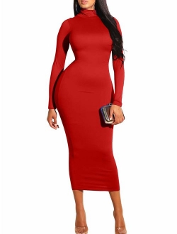 GOBLES Women's Sexy Turtleneck Long Sleeve Elegant Bodycon Party Long Dress