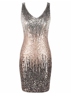 Women's Sequin Cocktail Dress V Neck Bodycon Glitter Party Dress