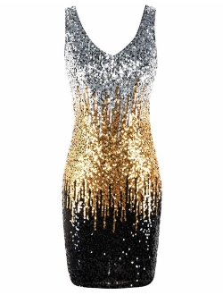 Women's Sequin Cocktail Dress V Neck Bodycon Glitter Party Dress