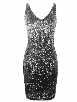 Women's Sequin Cocktail Dress V Neck Bodycon Glitter Party Dress