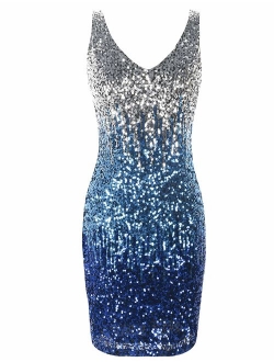 Women's Sequin Cocktail Dress V Neck Bodycon Glitter Party Dress