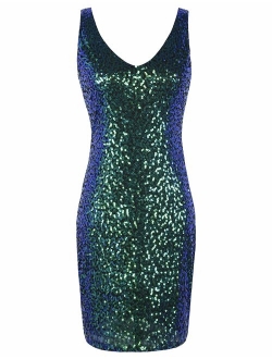 Women's Sequin Cocktail Dress V Neck Bodycon Glitter Party Dress