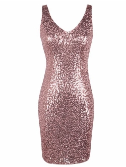 Women's Sequin Cocktail Dress V Neck Bodycon Glitter Party Dress