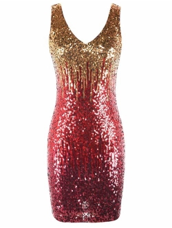 Women's Sequin Cocktail Dress V Neck Bodycon Glitter Party Dress