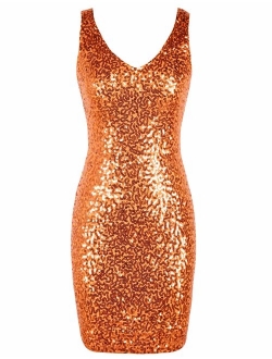 Women's Sequin Cocktail Dress V Neck Bodycon Glitter Party Dress