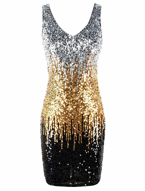 PrettyGuide Women's Sequin Cocktail Dress V Neck Bodycon Glitter Party Dress