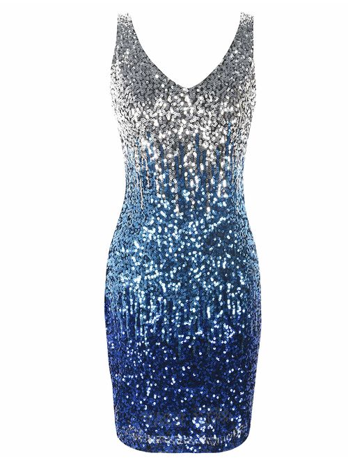 PrettyGuide Women's Sequin Cocktail Dress V Neck Bodycon Glitter Party Dress