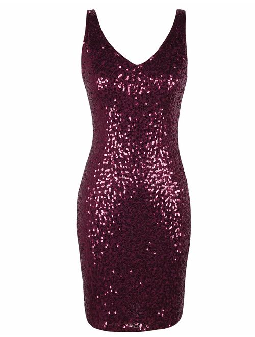 PrettyGuide Women's Sequin Cocktail Dress V Neck Bodycon Glitter Party Dress