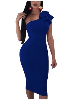 Mokoru Women's Sexy Ruffle One Shoulder Sleeveless Bodycon Party Club Midi Dress