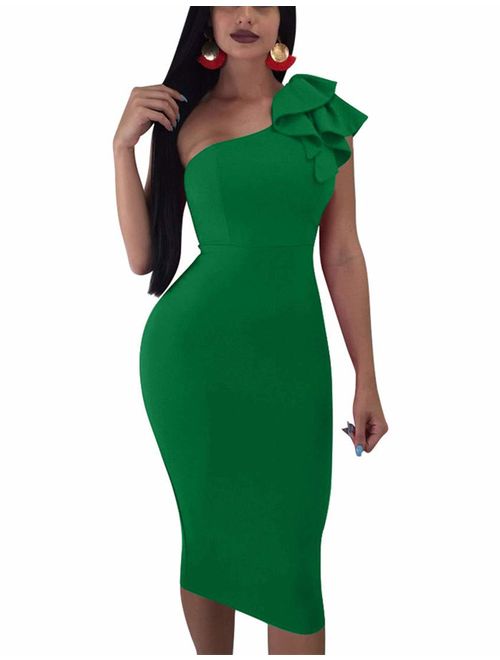 Mokoru Women's Sexy Ruffle One Shoulder Sleeveless Bodycon Party Club Midi Dress