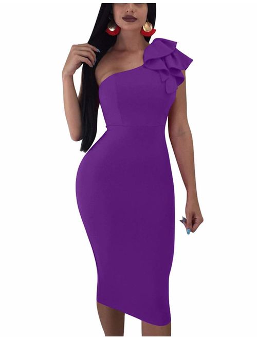 Mokoru Women's Sexy Ruffle One Shoulder Sleeveless Bodycon Party Club Midi Dress