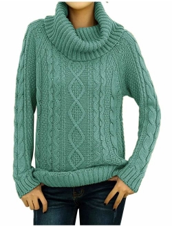 v28 Women's Pure Cotton Korean Turtle Cowl Neck Ribbed Cable Knit Long Sweater