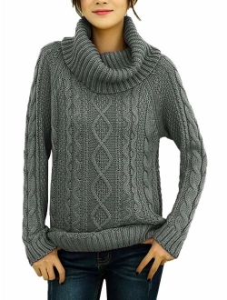 v28 Women's Pure Cotton Korean Turtle Cowl Neck Ribbed Cable Knit Long Sweater