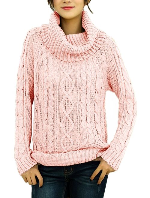 v28 Women's Pure Cotton Korean Turtle Cowl Neck Ribbed Cable Knit Long Sweater