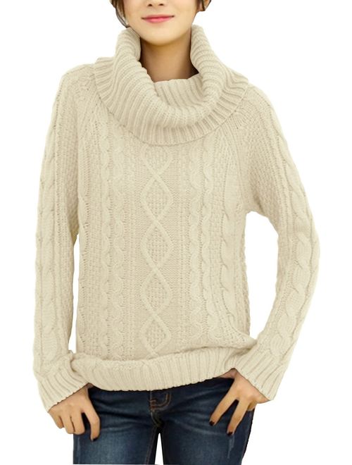 v28 Women's Pure Cotton Korean Turtle Cowl Neck Ribbed Cable Knit Long Sweater