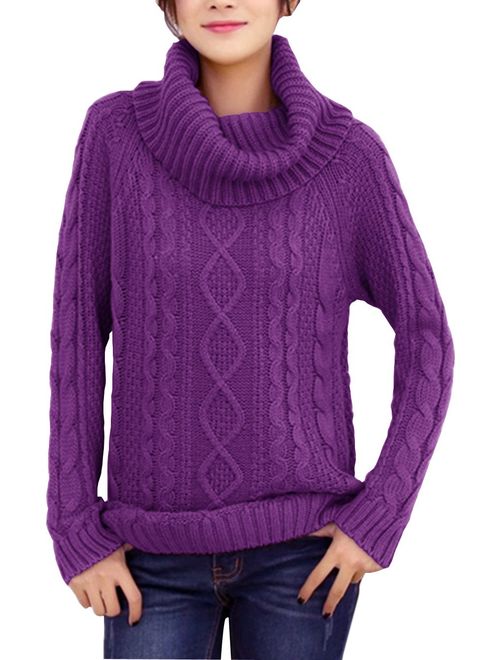 v28 Women's Pure Cotton Korean Turtle Cowl Neck Ribbed Cable Knit Long Sweater