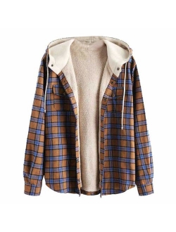 Casual Plaid Fleece Jacket Flannel Lined Unisex Men Drawstring Hooded Fuzzy Hoodie