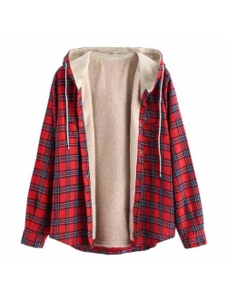 Casual Plaid Fleece Jacket Flannel Lined Unisex Men Drawstring Hooded Fuzzy Hoodie