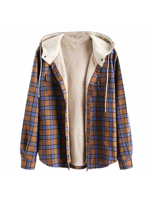 ZAFUL Casual Plaid Fleece Jacket Flannel Lined Unisex Men Drawstring Hooded Fuzzy Hoodie