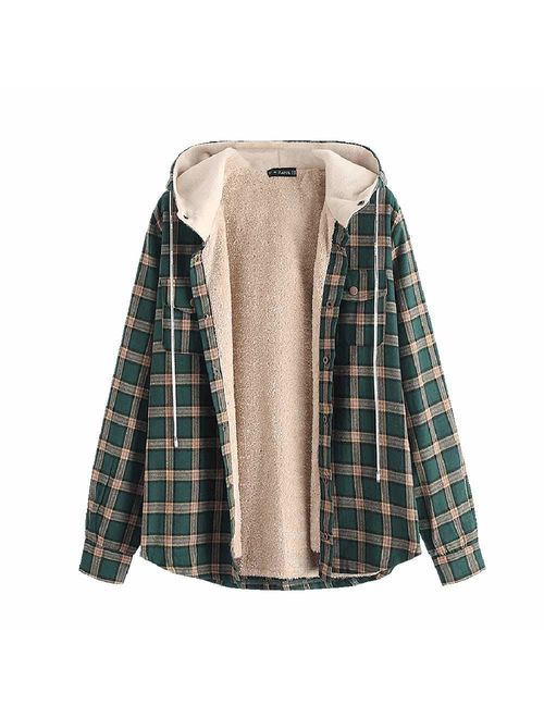 ZAFUL Casual Plaid Fleece Jacket Flannel Lined Unisex Men Drawstring Hooded Fuzzy Hoodie