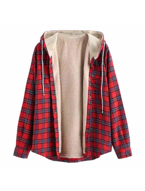 ZAFUL Casual Plaid Fleece Jacket Flannel Lined Unisex Men Drawstring Hooded Fuzzy Hoodie