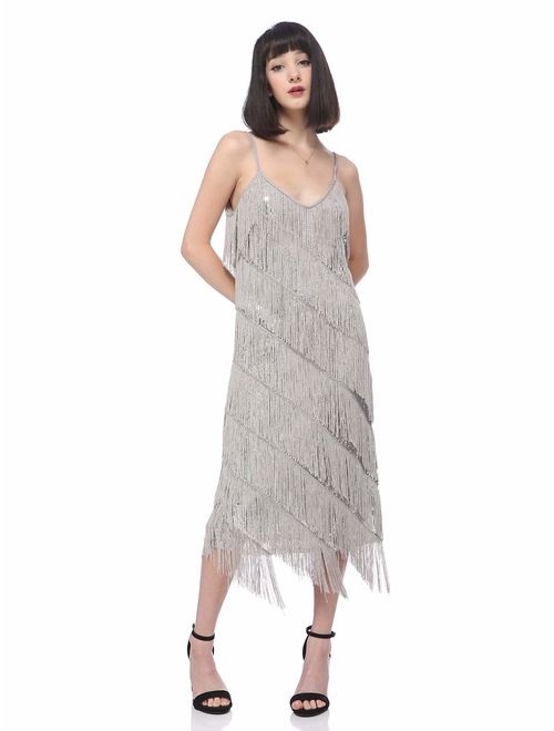 Anna Kaci Anna-Kaci Womens Fringe Sequin Strap Backless 1920s Flapper Party Mini Dress