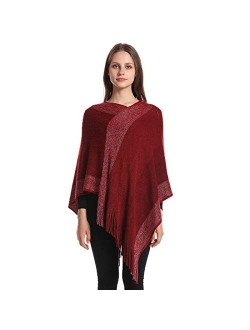 Women's Elegant Knitted Shawl Poncho with Fringed V-Neck Striped Sweater Pullover Cape Gifts for Women Mom