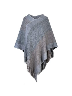 Women's Elegant Knitted Shawl Poncho with Fringed V-Neck Striped Sweater Pullover Cape Gifts for Women Mom