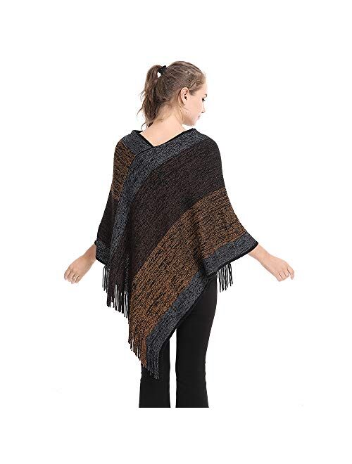 Buy Women's Elegant Knitted Shawl Poncho with Fringed V-Neck Striped  Sweater Pullover Cape Gifts for Women Mom online | Topofstyle