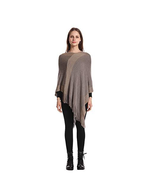 Women's Elegant Knitted Shawl Poncho with Fringed V-Neck Striped Sweater Pullover Cape Gifts for Women Mom