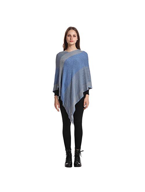 Women's Elegant Knitted Shawl Poncho with Fringed V-Neck Striped Sweater Pullover Cape Gifts for Women Mom