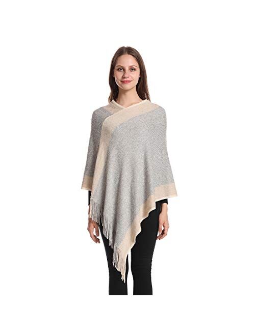 Women's Elegant Knitted Shawl Poncho with Fringed V-Neck Striped Sweater Pullover Cape Gifts for Women Mom