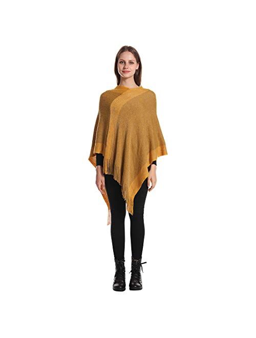 Women's Elegant Knitted Shawl Poncho with Fringed V-Neck Striped Sweater Pullover Cape Gifts for Women Mom