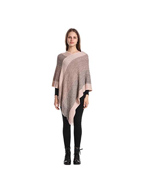 Women's Elegant Knitted Shawl Poncho with Fringed V-Neck Striped Sweater Pullover Cape Gifts for Women Mom