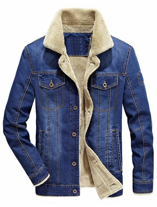 Omoone Men's Button Up Vintage Sherpa Fleece Lined Denim Biker Jacket Jean Coat