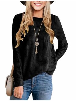 Women's Long Sleeve Waffle Knit Sweater Crew Neck Solid Color Pullover Jumper Tops