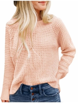 Women's Long Sleeve Waffle Knit Sweater Crew Neck Solid Color Pullover Jumper Tops