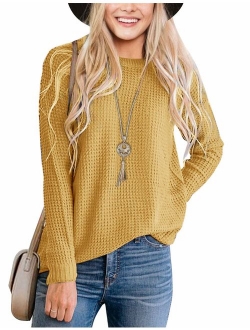 Women's Long Sleeve Waffle Knit Sweater Crew Neck Solid Color Pullover Jumper Tops