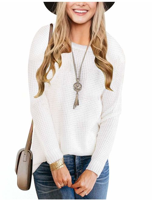 MEROKEETY Women's Long Sleeve Waffle Knit Sweater Crew Neck Solid Color Pullover Jumper Tops