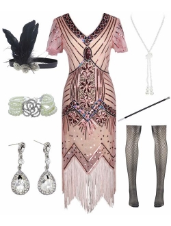 Women Halter V-Neck Sequins Tassel 1920s Flapper Inspired Party Dance Dress with 20s Gatsby Accessories Set