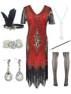 Women Halter V-Neck Sequins Tassel 1920s Flapper Inspired Party Dance Dress with 20s Gatsby Accessories Set