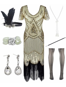 Women Halter V-Neck Sequins Tassel 1920s Flapper Inspired Party Dance Dress with 20s Gatsby Accessories Set